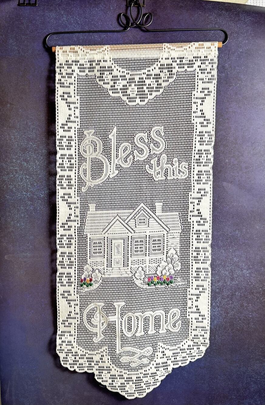 Heritage Lace Wall Hanging White "Bless This Home" Colorful Tulips Hanger Dowel